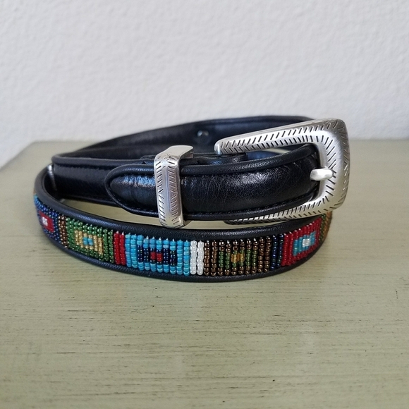 Brighton Black Leather Beaded Native American Styled Belt with Silver Buckle main image 8